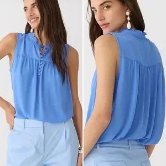 J. Crew Sleeveless Button Front Ruffle Neck Popover Top Medium neon yellow flowy - Picture 9 of 10